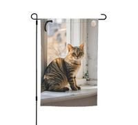 Drapeau de jardin 30,5 x 45,7 cm double face, drapeau de ferme de vacances, drapeau de cour, chat assis sur le rebord de fenêtre, bannière extérieure saisonnière pour printemps, été, pelouse, porche