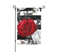 Drapeau de jardin 30,5 x 45,7 cm double face, drapeau de ferme de vacances, drapeau de cour noir à rayures blanches et roses rouges, bannière extérieure saisonnière pour printemps, été, pelouse