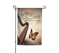Drapeau de jardin 30,5 x 45,7 cm, double face printemps été décoratif bannière de cour fond musique avec harpe et papillon petit drapeau saisonnier vacances décoration extérieure