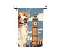 Drapeau de jardin 30,5 x 45,7 cm double face vertical, bannière de vacances, un chien assis à côté d'un bâtiment et Big Ben, petit drapeau de bienvenue en toile de jute pour extérieur, terrasse, cour