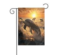 Drapeau de jardin 30,5 x 45,7 cm double face vertical, ne se décolore pas, drapeau de maison, dauphin et coucher de soleil, bannière pour décoration extérieure saisonnière de ferme