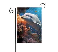 Drapeau de jardin 30,5 x 45,7 cm double face vertical, ne se décolore pas, drapeau de maison dauphin sur corail bannière pour décoration extérieure saisonnière de ferme cour