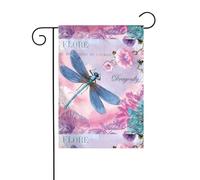 Drapeau de jardin 30,5 x 45,7 cm WHJDPP fleur rose et libellule bleue - Décoration de jardin épaisse et infroissable pour extérieur, jardin, pelouse, terrasse