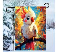 Drapeau de jardin 30 x 45 cm en lin et toile de jute, orné d'un charmant cacatoès, d'oiseaux colorés et de feuilles d'automne. Idéal pour décorer votre porche, votre pelouse, votre jardin ou votre mai