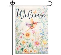 Drapeau de Jardin, 30 x 45cm Double Face Drapeau de Bienvenue au Printemps Panneau Colibri Fleurs Colorées Saisonnier, Drapeau d'Été pour Cour Ferme Vacances Extérieur Décorations