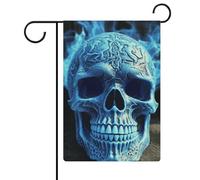 Drapeau de jardin 32,6 x 47,5 cm double face imprimé 3D tête de mort bleu, drapeaux de bienvenue décoratifs saisonniers pour cour extérieure, petit drapeau de jardin pour extérieur, terrasse, pelouse