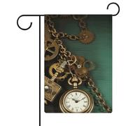Drapeau de jardin 32,6 x 47,6 cm double face steampunk montres clés et chaînes drapeaux de bienvenue décoratifs saisonniers pour cour extérieure petit drapeau de jardin pour extérieur, terrasse
