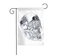 Drapeau de jardin 3D argenté en forme de crâne humain 30 x 45 cm vertical double face pour ferme vacances décorations extérieures drapeau de cour