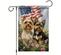 Drapeau De Jardin 4 Juillet Patriotique Avec Yorkshire Terriers Dog American Flower Summer Independence Day Drapeaus Décoratif Antifouling Garden Flag Amusante Drapeau De Bienvenue Pour 30X45Cm