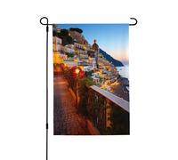Drapeau de jardin 71,1 x 101,6 cm double face vertical, bannière de vacances Positano, bord de mer, coucher de soleil, petit drapeau de bienvenue en toile de jute pour extérieur, terrasse, cour