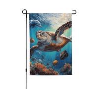 Drapeau de jardin 71,1 x 101,6 cm double face vertical, bannière de vacances, tortue de mer, dauphin, poisson, petit drapeau de bienvenue en toile de jute pour extérieur, terrasse, cour, pelouse