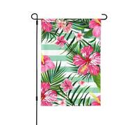 Drapeau de jardin 71,1 x 101,6 cm, drapeau de cour double face, feuilles tropicales, fleurs exotiques, imprimé à rayures, décoration de jardin pour la maison