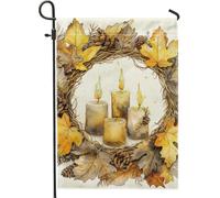 Drapeau de jardin à bougie d'automne de Thanksgiving, feuilles d'automne et pomme de pin, drapeaux de jardin, drapeau de jardin double face en toile de jute, décoration saisonnière de pelouse
