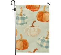 Drapeau de jardin à carreaux en forme de citrouilles d'automne, orange, blanc, bleu, vichy, décoration d'intérieur, drapeau de cour, double face, toile de jute pour décoration extérieure, pelouse