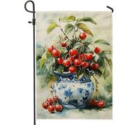 Drapeau de jardin à fleurs de cerisier d'été, drapeau décoratif en forme de cerisier rouge, bannière de pelouse extérieure double face pour décoration d'intérieur, décoration artistique de cour