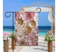 Drapeau de jardin à fleurs roses et blanches dorées pour extérieur, 30,5 x 45,7 cm, drapeau de jardin printemps été, drapeau saisonnier double face, panneau de bienvenue durable pour terrasse, pelouse