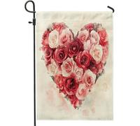Drapeau de jardin à motif de roses, cœur floral romantique, pêche, Saint-Valentin, rouge, double face, en toile de jute, drapeaux décoratifs pour extérieur, porche, pelouse, terrasse, 30,5 x 45,7 cm