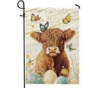 Drapeau de jardin à motif de vache florale printanière, papillon de génisse des Highlands marron, décoration de jardin, drapeau de cour en tissu double face pour décoration de pelouse de Pâques 30,5 x