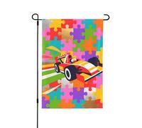 Drapeau de jardin à motif de voiture puzzle - 32 x 48 cm - Drapeau décoratif double face en polyester résistant aux intempéries pour pelouse, terrasse, balcon, arrière-cour, décoration d'intérieur
