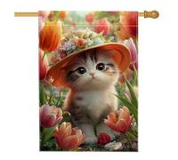 Drapeau de jardin à motif floral de printemps, chaton coloré avec chapeau, décoration extérieure, bannière double face en toile de jute pour la maison, les fêtes et les vacances, 71 x 101,6 cm