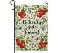 Drapeau de jardin à tomates, récolte de jardin, papillon, fleur, récolte de fleurs en toile de jute verte double face pour extérieur, terrasse, pelouse, porche, entrée, camping 30,5 x 45,7 cm