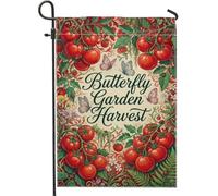 Drapeau de jardin à tomates, récolte vintage papillon fleur rouge automne toile de jute double face drapeaux décoratifs pour extérieur, terrasse, pelouse, porche, balcon 30,5 x 45,7 cm