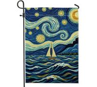 Drapeau de jardin à voile, impressionnisme artistique, étoiles, vagues d'été bleu en toile de jute double face, drapeaux décoratifs pour extérieur, terrasse, pelouse, porche, balcon 30,5 x 45,7 cm