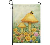 Drapeau de jardin abeille et champignon, champignons jaunes, décoration extérieure, drapeaux de cour printemps-été, œuvre d'art double face pour terrasse, pelouse, décoration 30,5 x 45,7 cm