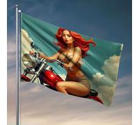 Drapeau de jardin amusant « A Woman with Red Hair Rides A Classic Motorcycle Against A Backdrop Flag Cool Flags Room Guys » Cadeaux amusants pour patron (30 x 45 cm)