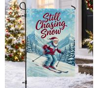 Drapeau de jardin amusant avec citation du Père Noël 30,5 x 45,7 cm | Père Noël de ski, drapeau de cour, montagnes enneigées, paysage d'hiver, humour de vacances, décoration de cour saisonnière