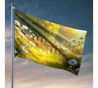 Drapeau de jardin amusant avec fleurs jaunes qui fleurissent autour d'une clôture en bois dans un champ ensoleillé. Drapeau pour mari, décoration de bureau pour homme (60 x 90 cm)