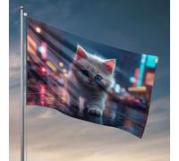 Drapeau de jardin amusant avec un chaton moelleux aux yeux bleus qui marche dans une rue de ville humide la nuit. Drapeau cadeau pour mari, décoration de bureau pour homme (120 x 180 cm)