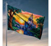 Drapeau de jardin amusant château enchanté au coucher du soleil drapeau manches à air extérieur drapeaux de voiture pour chambre (60 x 90 cm)
