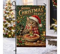 Drapeau de jardin amusant de chat spaghetti 30,5 x 45,7 cm | Illustration de chat tigré, drapeau de pelouse, dîner spaghetti, chapeau de Père Noël, thème d'hiver festif