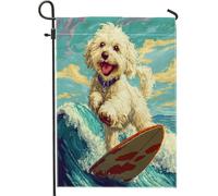 Drapeau de jardin amusant en forme de chien frisé - 30,5 x 45,7 cm - Double face pour décoration extérieure, pixel d'été, chien de surf, jardin, maison, chiot - Petit drapeau de pelouse