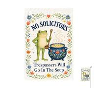 Drapeau de jardin amusant grenouille, panneau « No Soliciting » pour maison, drapeau de bienvenue, No Trespassers Will Go in The Soup, décoration extérieure, panneau humoristique pour patio, porche