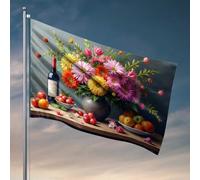 Drapeau de jardin amusant nature morte avec fleurs et fruits, drapeau manches à air, drapeaux de voiture pour chambre (120 x 180 cm)