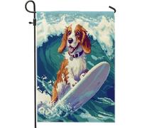 Drapeau de jardin amusant pour chien basset 30,5 x 45,7 cm pour l'extérieur, motif pixel d'été, chien de surf, drapeau vertical standard en lin pour maison, chiot, cour, pelouse, décoration extérieure