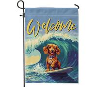 Drapeau de jardin amusant pour teckel 30,5 x 45,7 cm pour l'extérieur, motif pixel d'été, chien de surf, drapeau vertical standard en lin pour maison, chiot, cour, pelouse, décoration extérieure