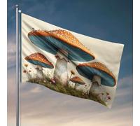 Drapeau de jardin amusant quatre champignons colorés avec des fleurs autour d'eux. Drapeau cadeau pour mari, décoration de bureau pour homme (152 x 244 cm)