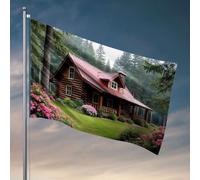 Drapeau de jardin amusant Une cabane en bois confortable nichée dans un jardin luxuriant rempli de fleurs. Drapeau cadeau pour mari, décoration de bureau pour homme (152 x 244 cm)