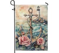 Drapeau de jardin ancre nautique, motif phare, rose, pêche, décoration extérieure, bannière double face en toile de jute pour fêtes d'été et décoration de pelouse sur le thème côtier 30,5 x 45,7 cm