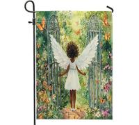 Drapeau de jardin ange divin de printemps, ailes blanches, bannière décorative florale verte, toile de jute double face, décoration de pelouse extérieure, 30,5 x 45,7 cm