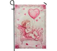 Drapeau de jardin ange pêche pour la Saint-Valentin, dieu d'amour mignon avec ballon en forme de cœur, décoration extérieure, drapeau de cour double face en toile de jute pour décoration de pelouse