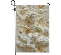 Drapeau de jardin angélique printanier, chérubin crème avec flûte, drapeau de jardin double face en toile de jute pour décoration extérieure, décoration élégante de pelouse, 30,5 x 45,7 cm