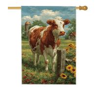 Drapeau de jardin animal de la ferme, bannière florale de vache marron et blanche, bannière de décoration d'intérieur double face en toile de jute, décoration extérieure pour le printemps et l'été, 71