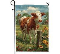 Drapeau de jardin animal de la ferme, bannière florale de vache marron et blanche, bannière de décoration d'intérieur double face en toile de jute, décoration extérieure pour le printemps et l'été