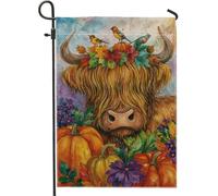 Drapeau de jardin animal de la ferme d'automne, bannière florale orange de vache des Highlands décoration d'intérieur, drapeau de cour double face en toile de jute saisonnière pour décoration de