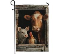 Drapeau de jardin animal de la ferme, vache marron, cochon, poulet, bannière de décoration d'intérieur, drapeau de cour en toile de jute saisonnière pour décoration de pelouse 30,5 x 45,7 cm