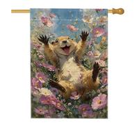 Drapeau de jardin animal mignon printemps été, écureuil heureux en fleurs de pêche, décoration extérieure, bannière double face en toile de jute pour décoration de la maison, 71 x 101,6 cm